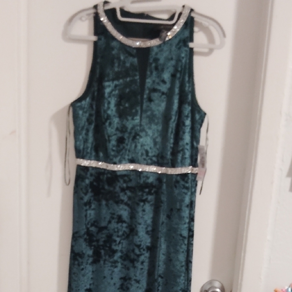 Elegant Teal Velvet Gown with Silver Accents